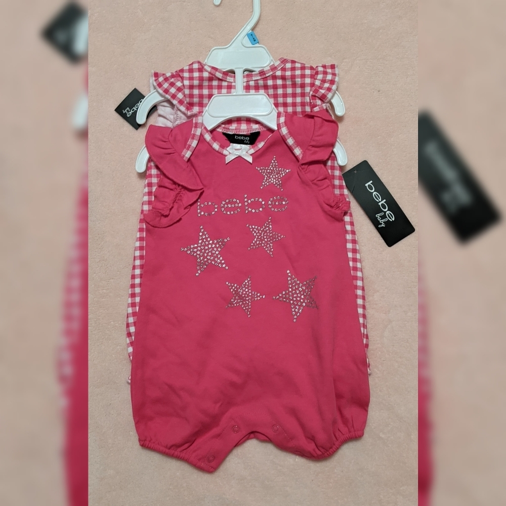 NWT 2 Bebe rompers pink, white and silver stars